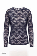 Samtiges Spitzen-Langarmshirt, dunkelblau