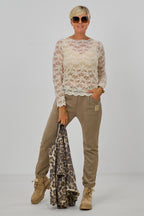 Samtiges Spitzen-Langarmshirt, beige