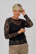 Samtiges Spitzen-Langarmshirt, schwarz