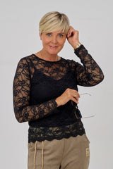 Samtiges Spitzen-Langarmshirt, schwarz