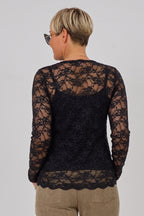 Samtiges Spitzen-Langarmshirt, schwarz