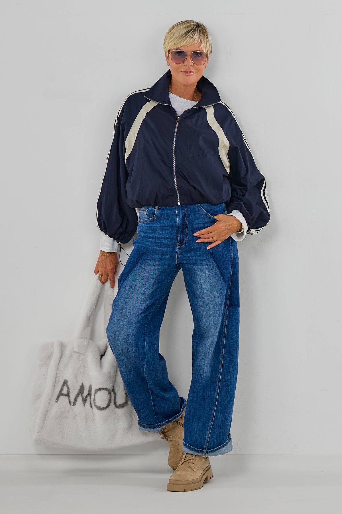 Blouson mit Zierstreifen im Balloon-Style, schwarz-beige