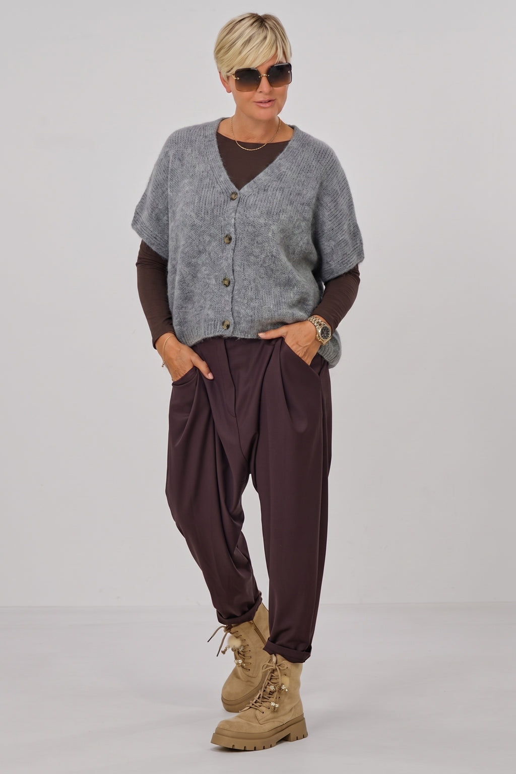 Flauschige oversized Strickweste, grau-meliert