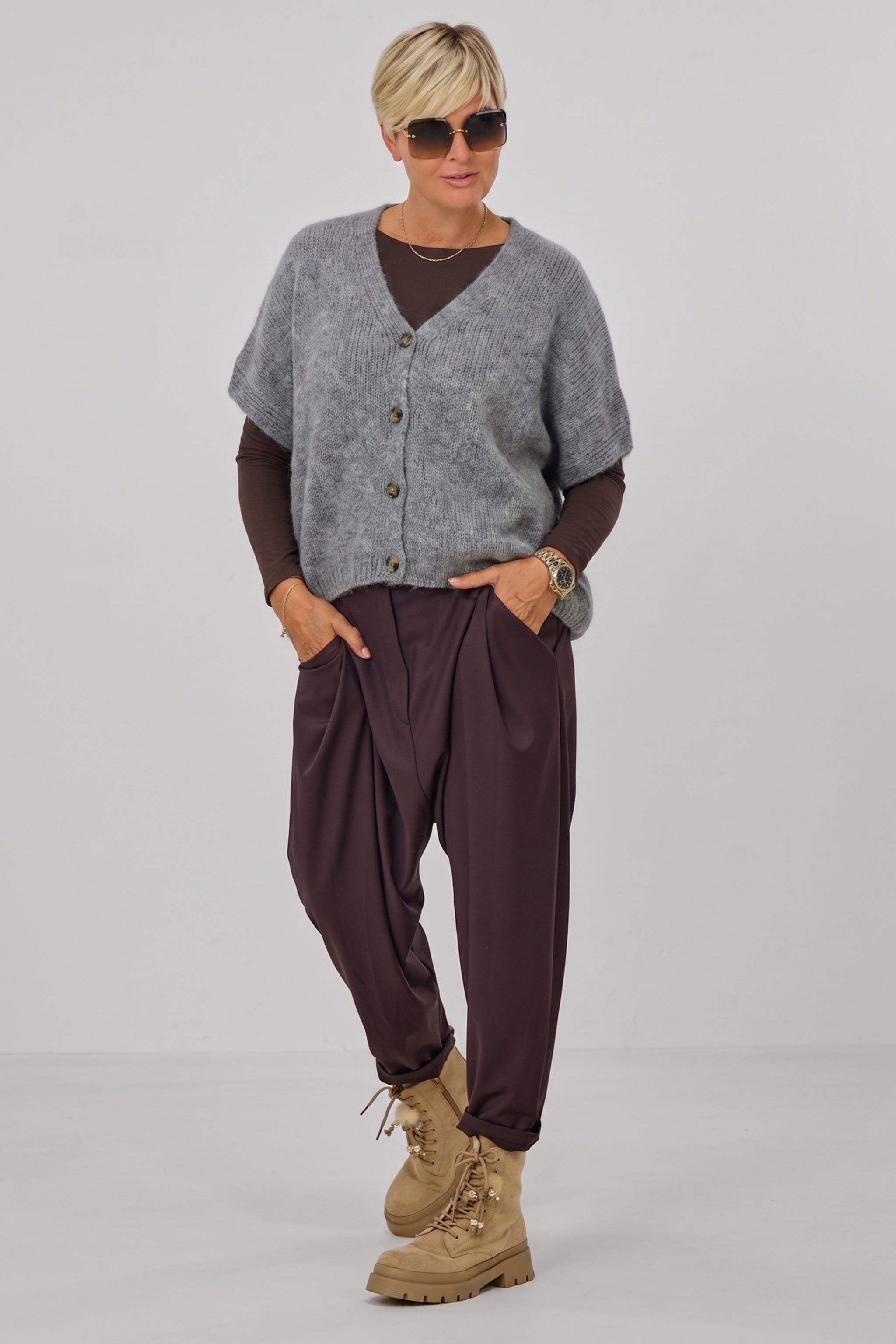 Flauschige oversized Strickweste, grau-meliert