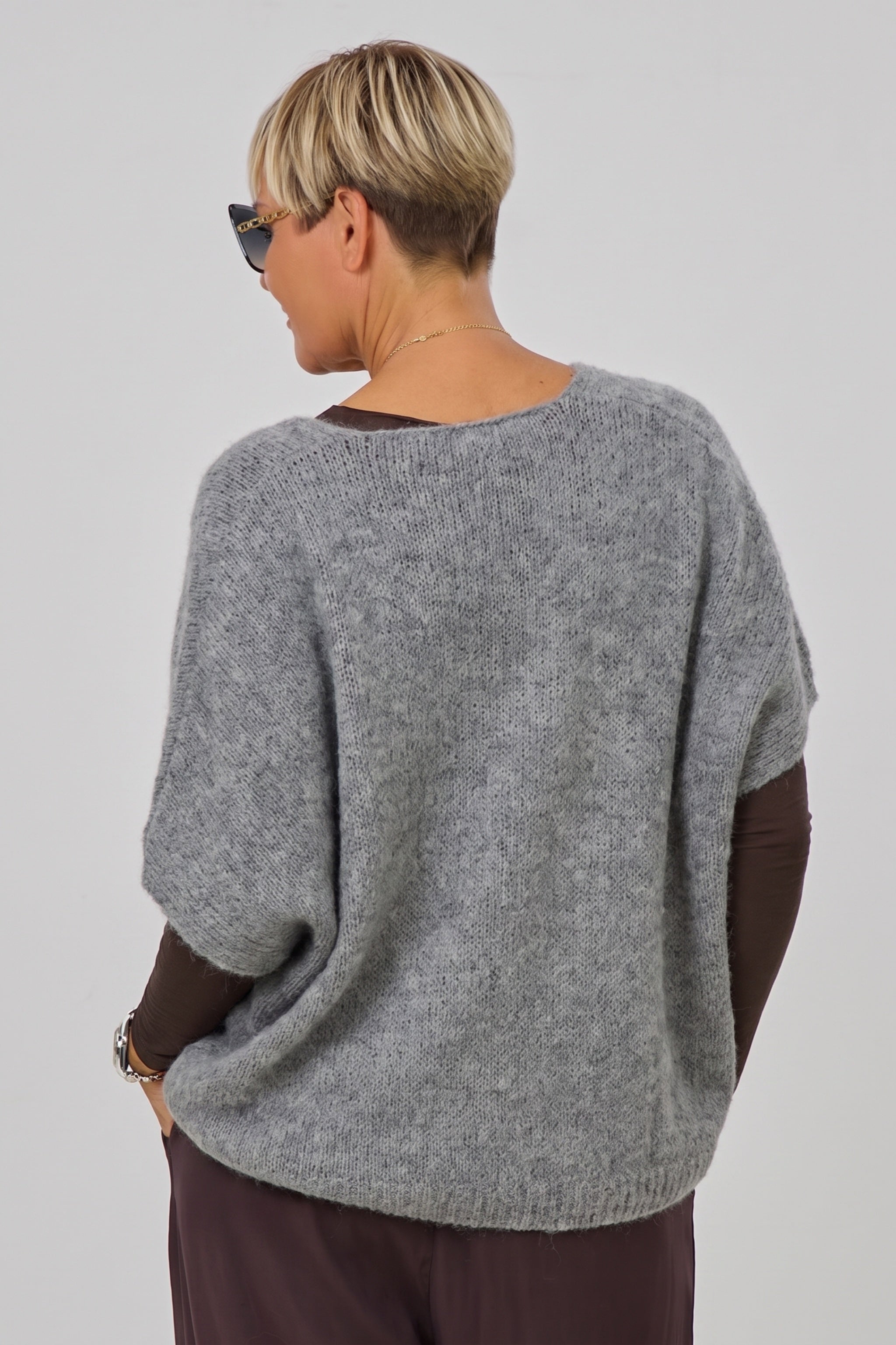 Flauschige oversized Strickweste, grau-meliert