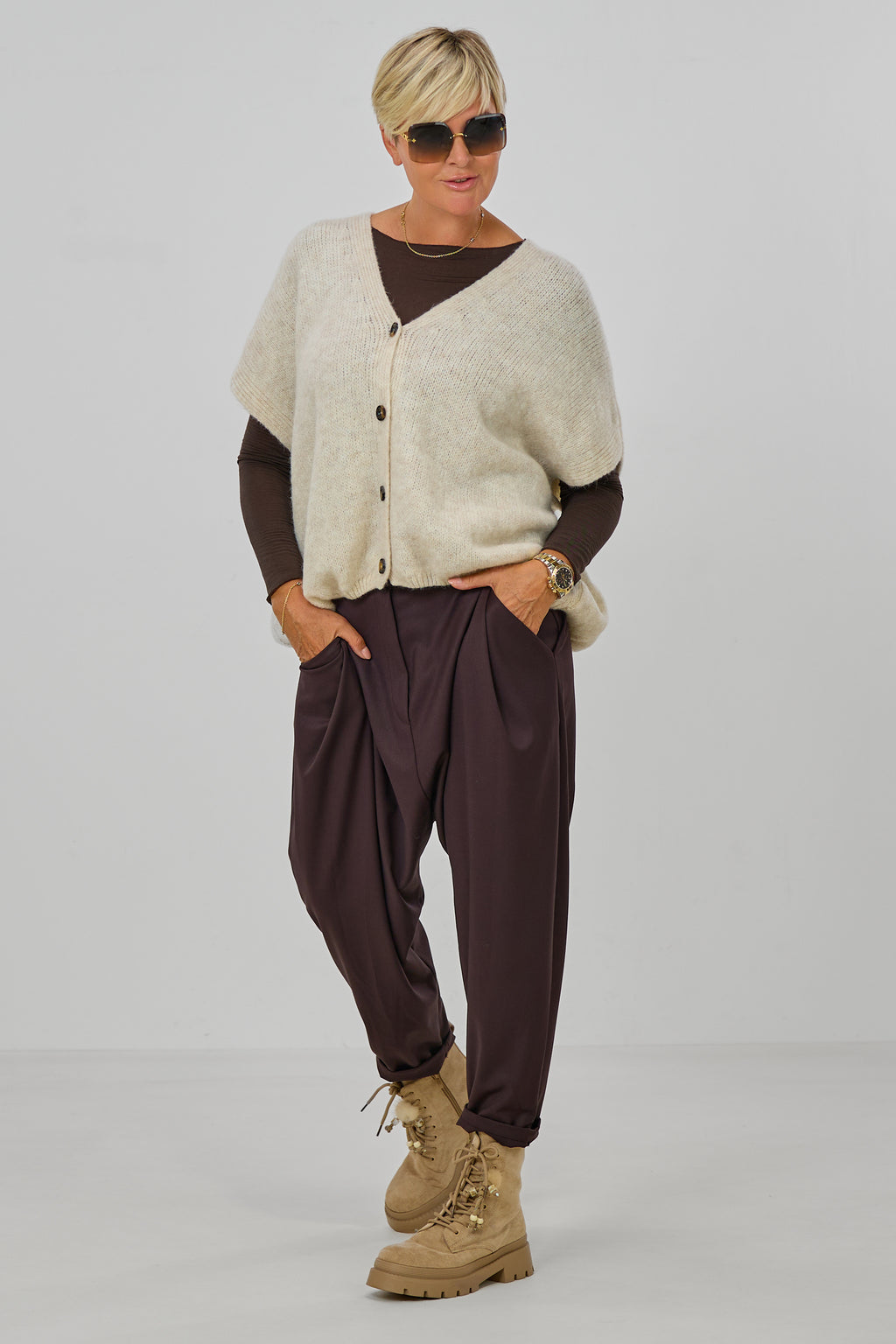 Flauschige oversized Strickweste, hellbeige-meliert