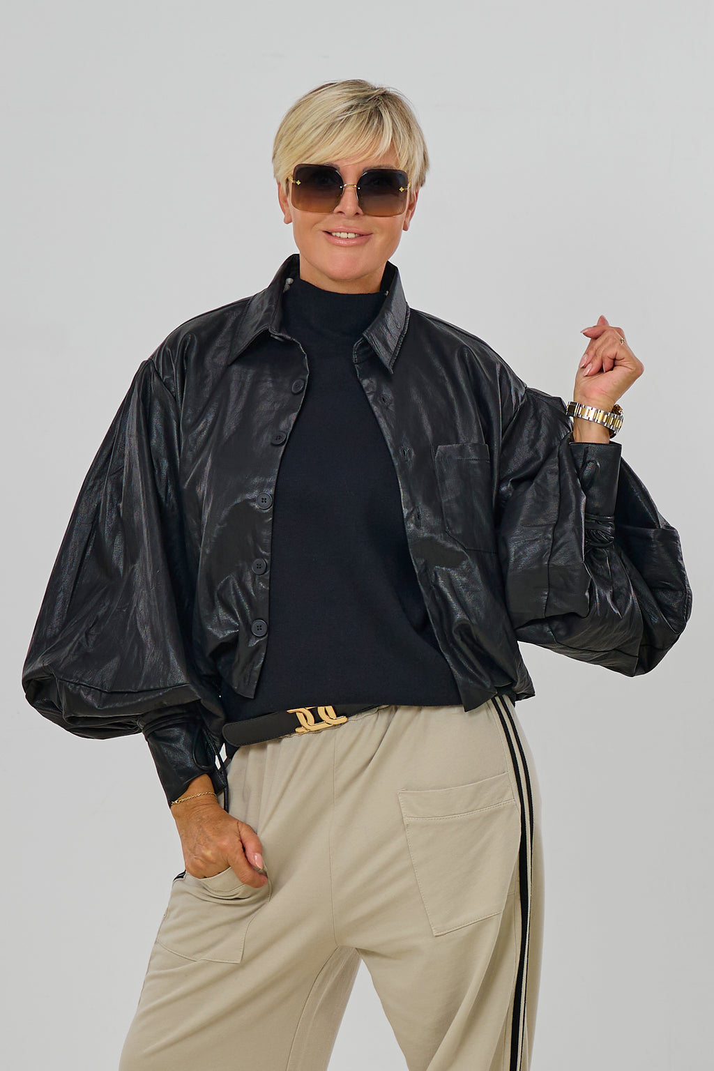 Hemdjacke in Lederoptik, schwarz