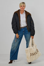 Bomberjacke mit Kapuze und abnehmbarem Teddyfell, schwarz