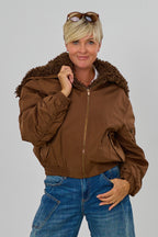 Bomberjacke mit Kapuze und abnehmbarem Teddyfell, braun
