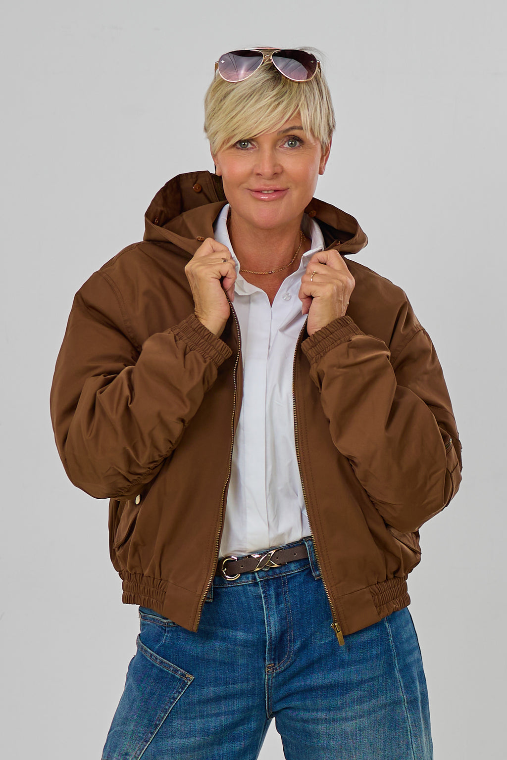 Bomberjacke mit Kapuze und abnehmbarem Teddyfell, braun