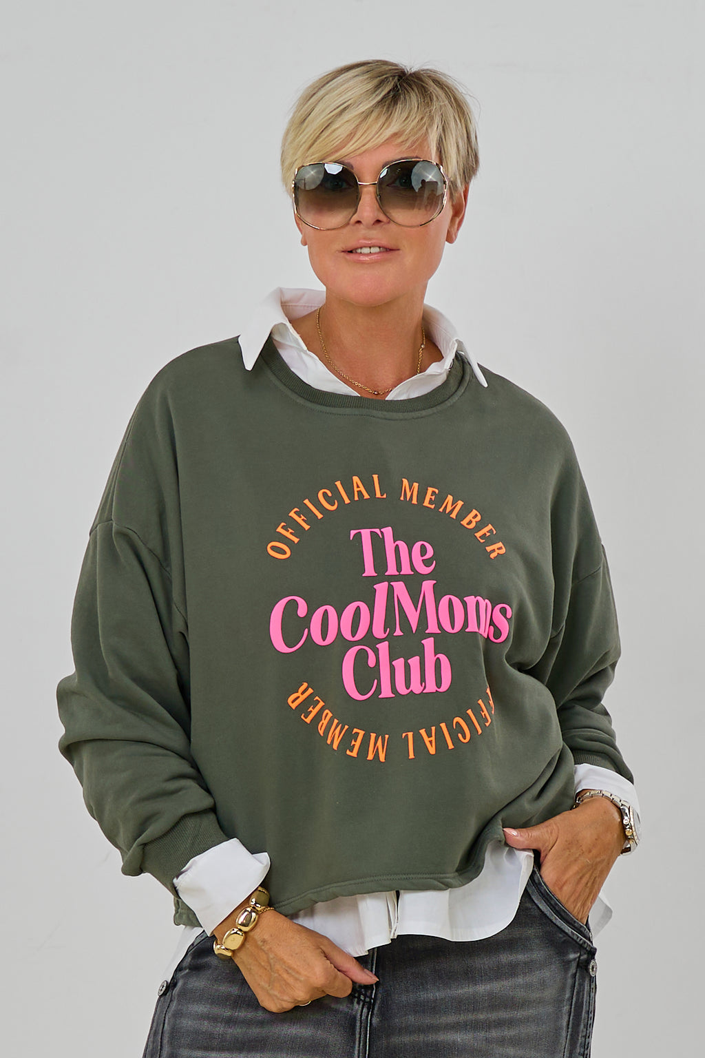 Sweaty COOL MOMS, khaki-neonpink/orange