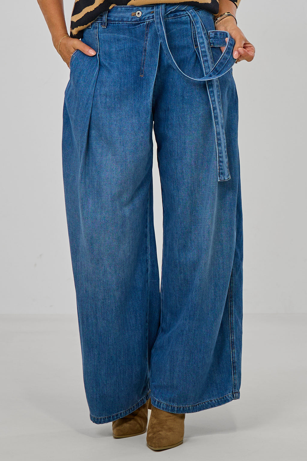 Highwaist Jeans mit Bändern, denim blue