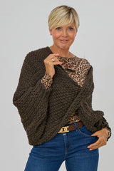 Grobgestrickter Pullover mit Fledermausärmeln, taupe