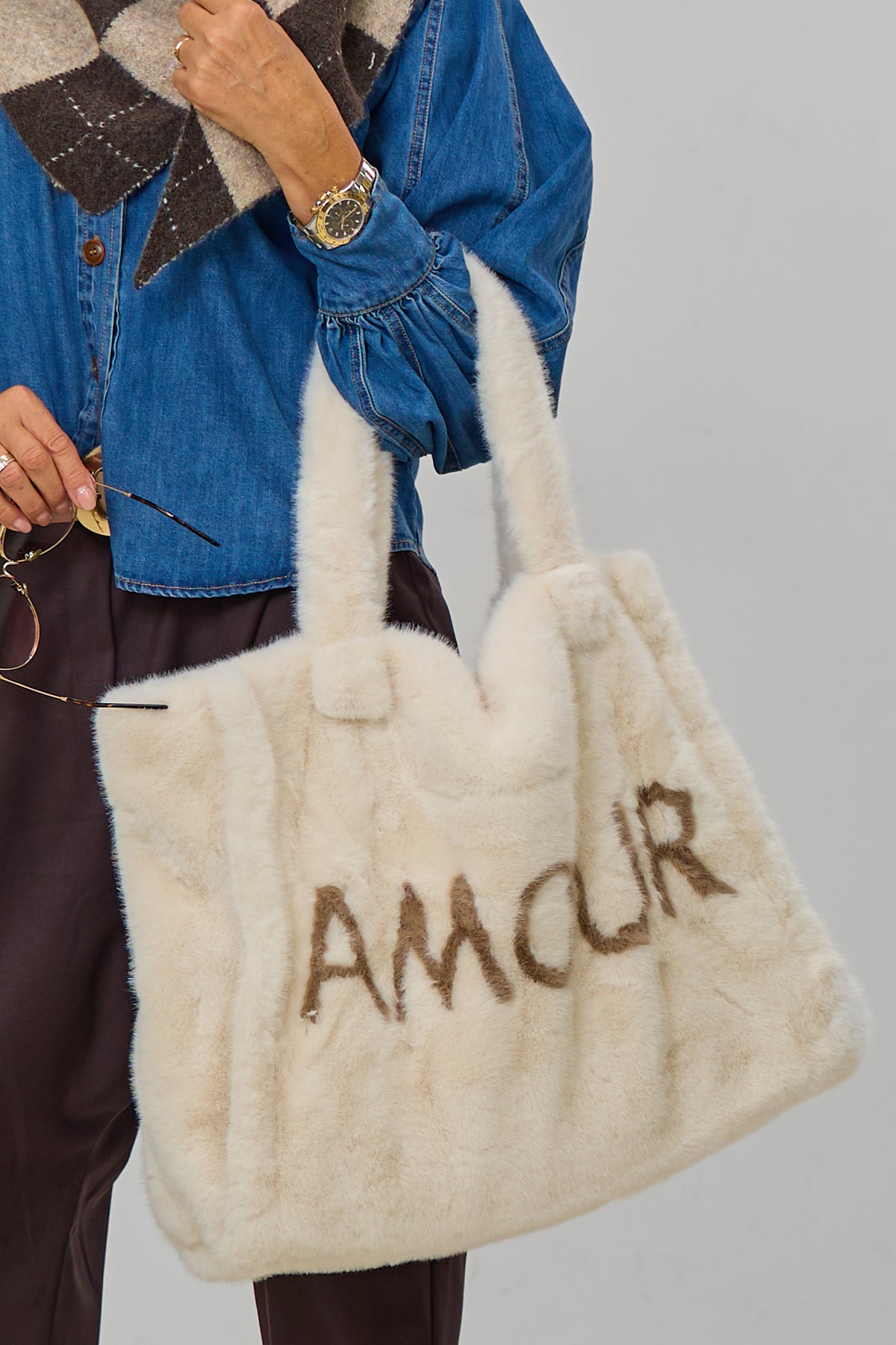Große Felltasche AMOUR, ecru-taupe