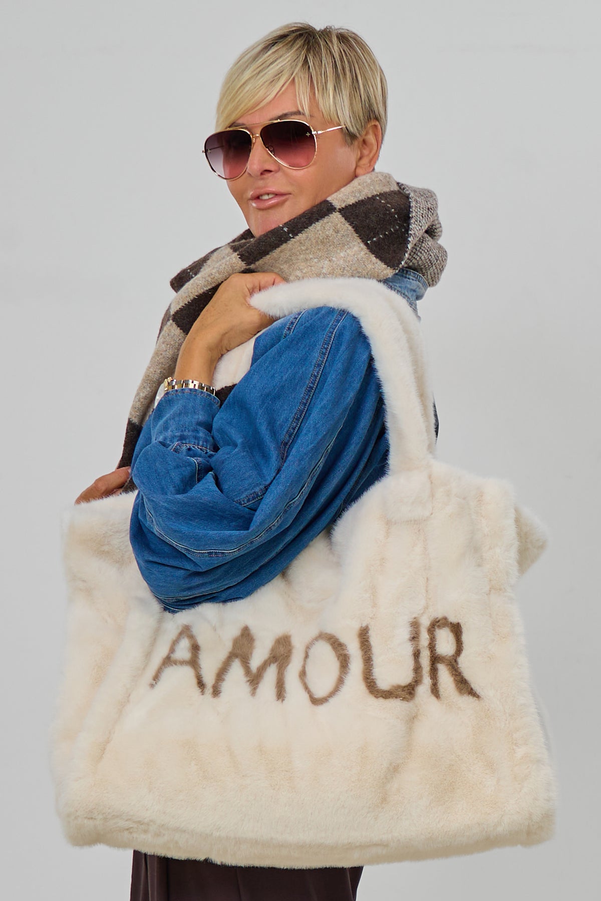 Große Felltasche AMOUR, ecru-taupe