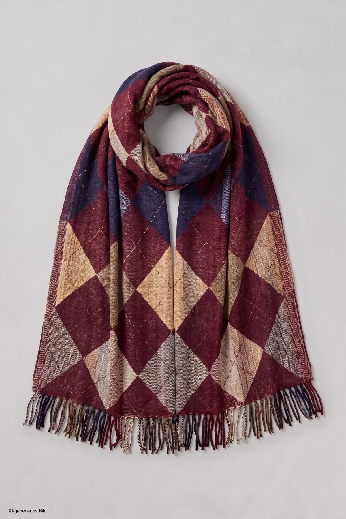 Fransenschal mit Rautenmuster, bordeaux-beige