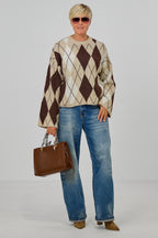 Strickpulli mit Rautenmuster, beige-schokobraun-ecru