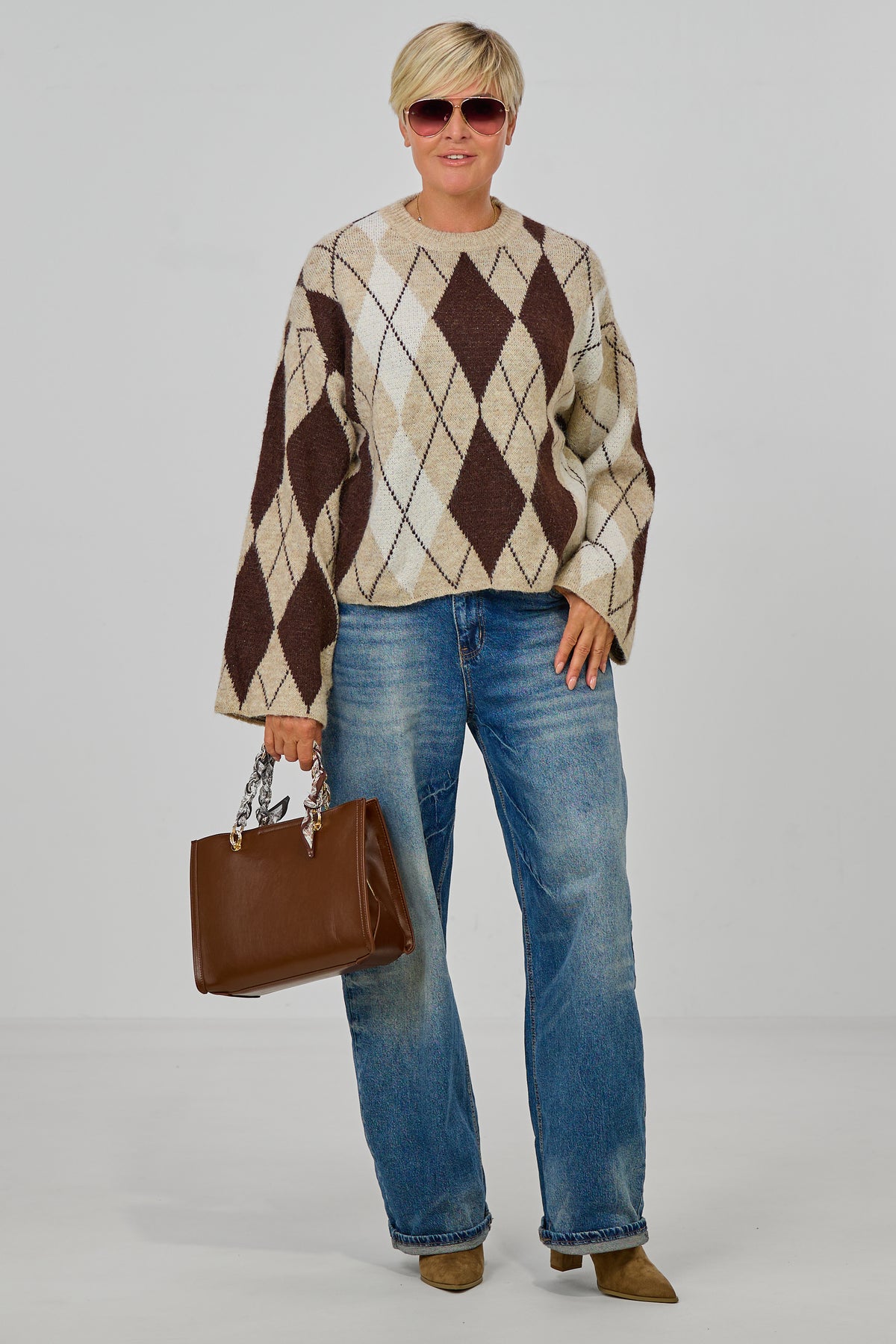 Strickpulli mit Rautenmuster, beige-schokobraun-ecru