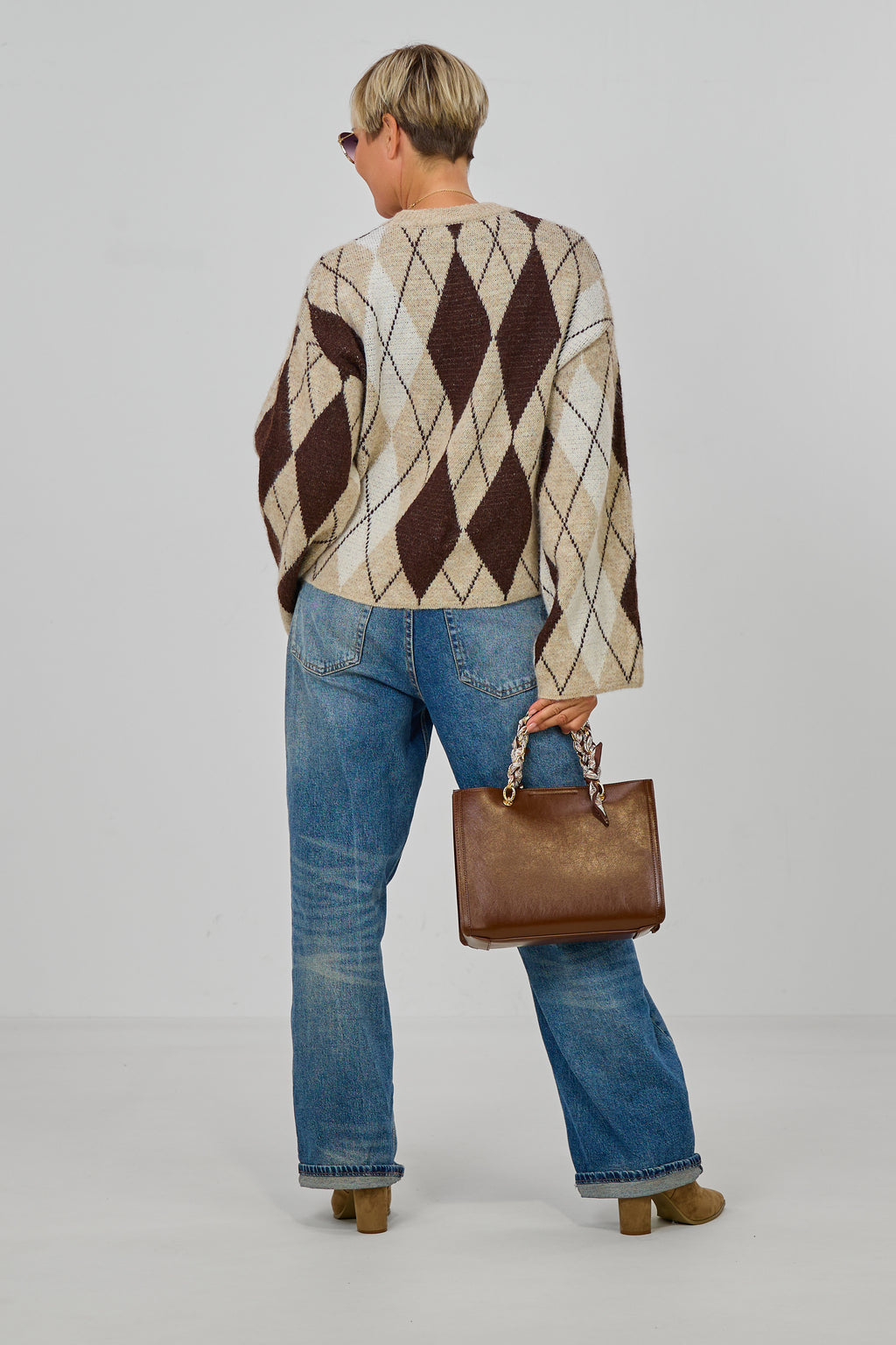 Strickpulli mit Rautenmuster, beige-schokobraun-ecru