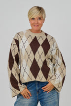 Strickpulli mit Rautenmuster, beige-schokobraun-ecru