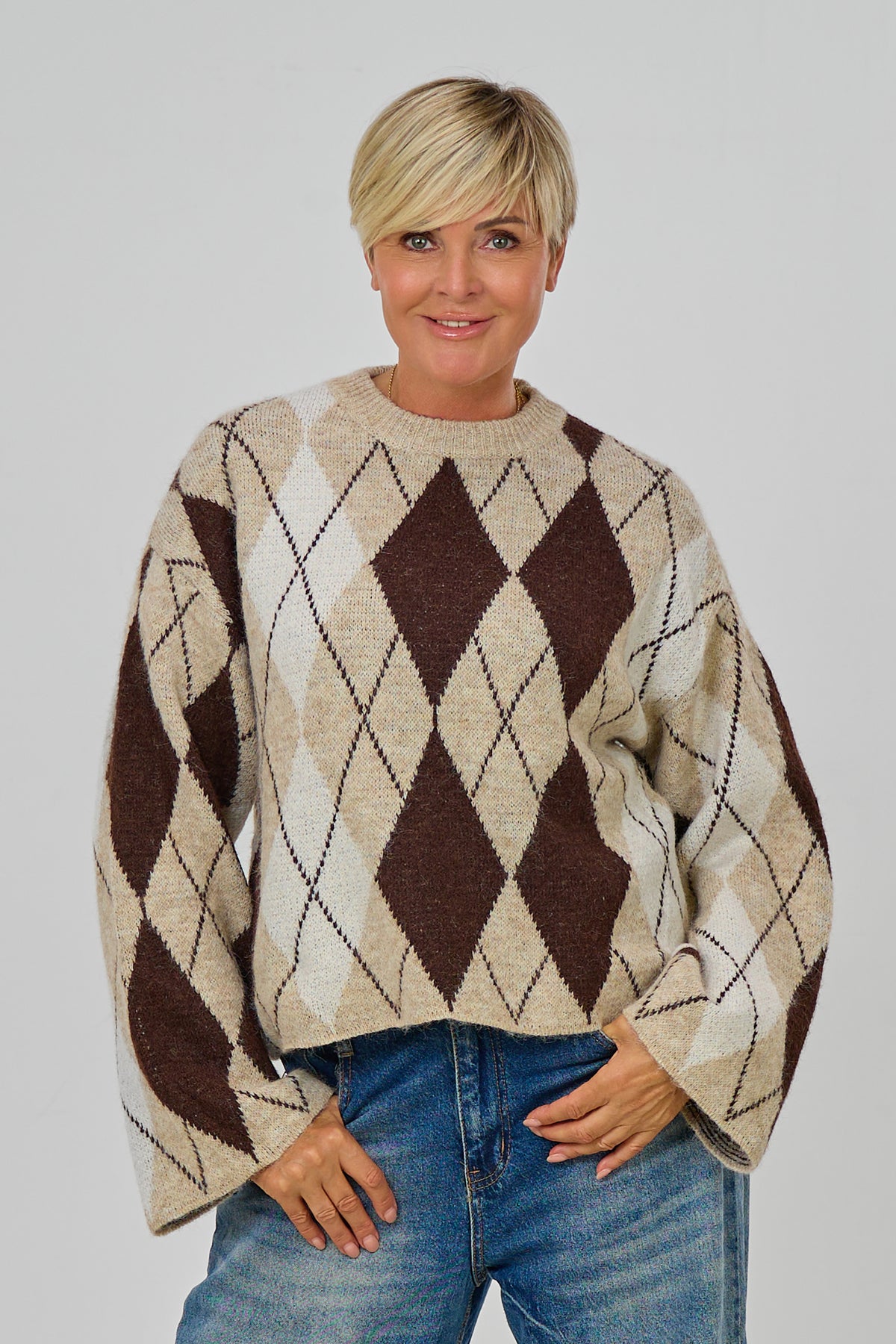 Strickpulli mit Rautenmuster, beige-schokobraun-ecru