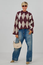 Strickpulli mit Rautenmuster, bordeaux-beige-ecru