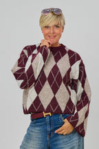 Strickpulli mit Rautenmuster, bordeaux-beige-ecru