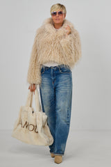 kurze Jacke mit Zottelfell, beige