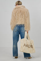 kurze Jacke mit Zottelfell, beige