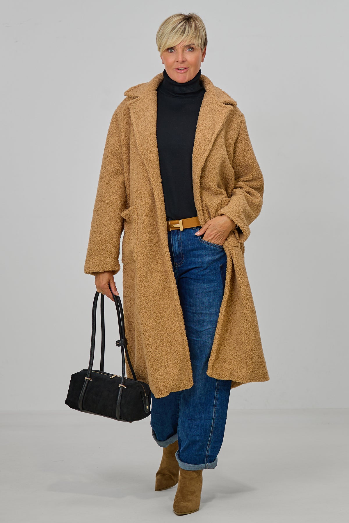 langer Teddymantel mit Revers, camel