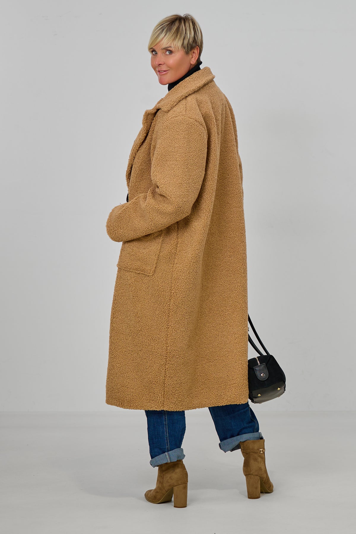 langer Teddymantel mit Revers, camel