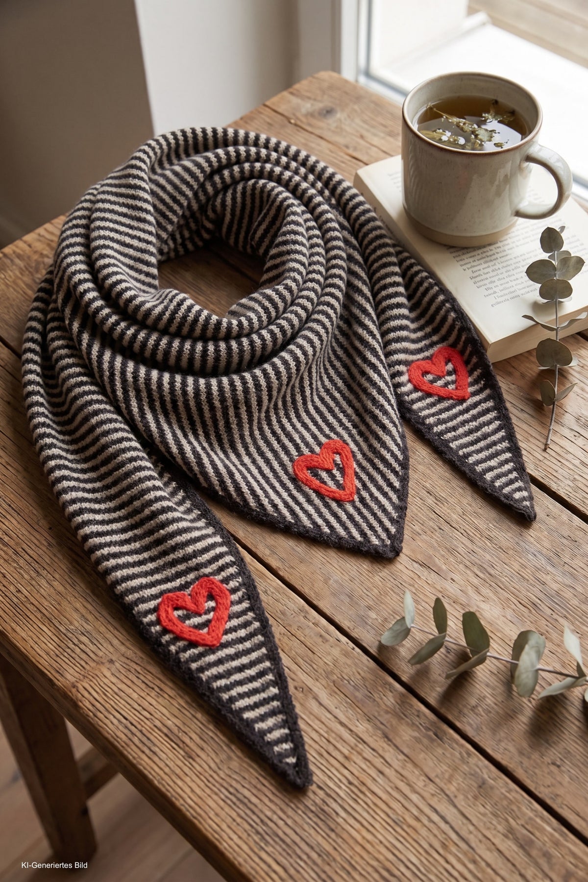 Dreiecksschal mit Herz, schokobraun-taupe