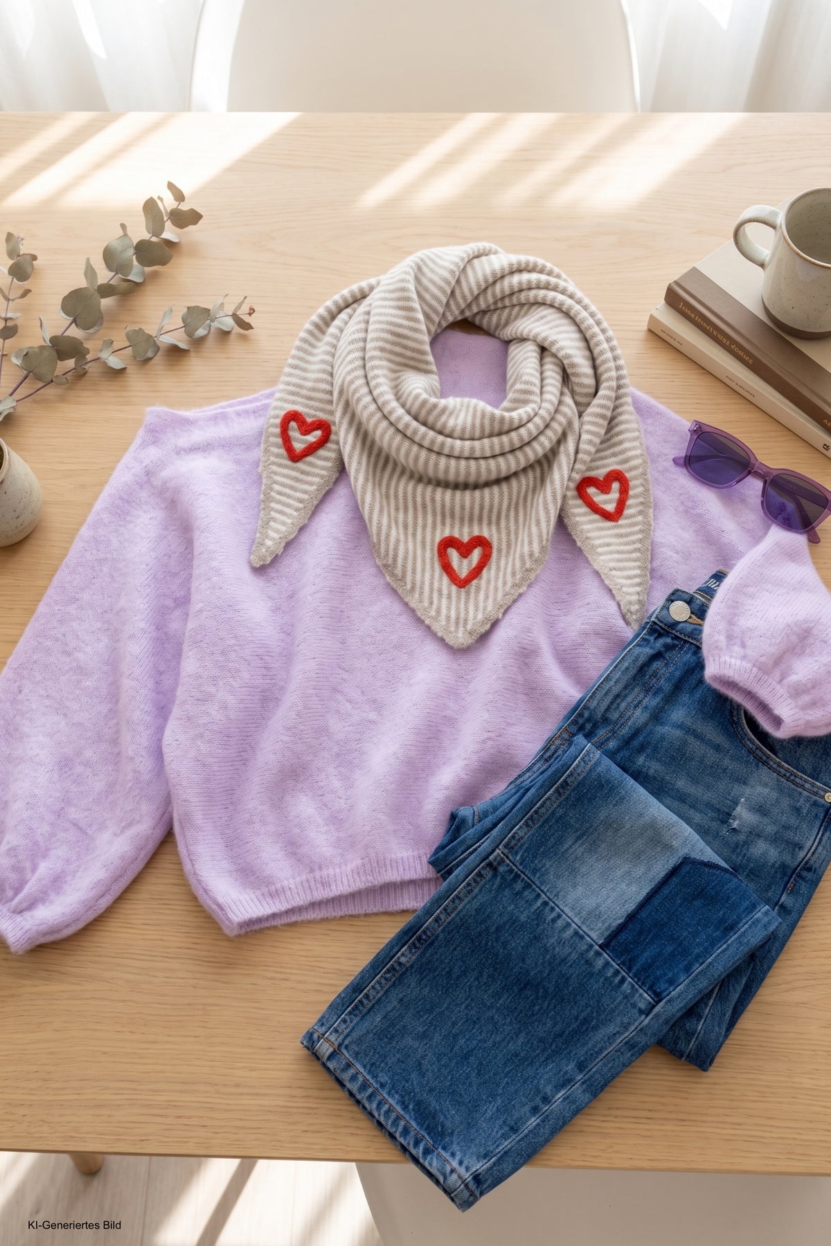 Dreiecksschal mit Herz, beige-ecru