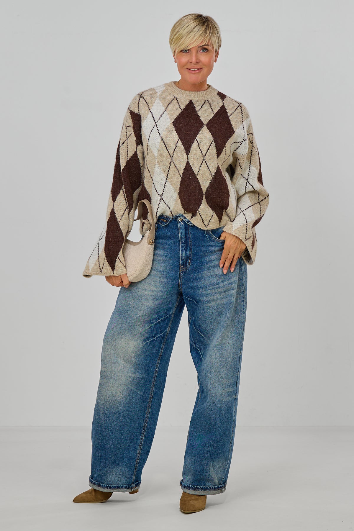 High-Waist-Jeans mit umgeschlagenem Bund, blue denim