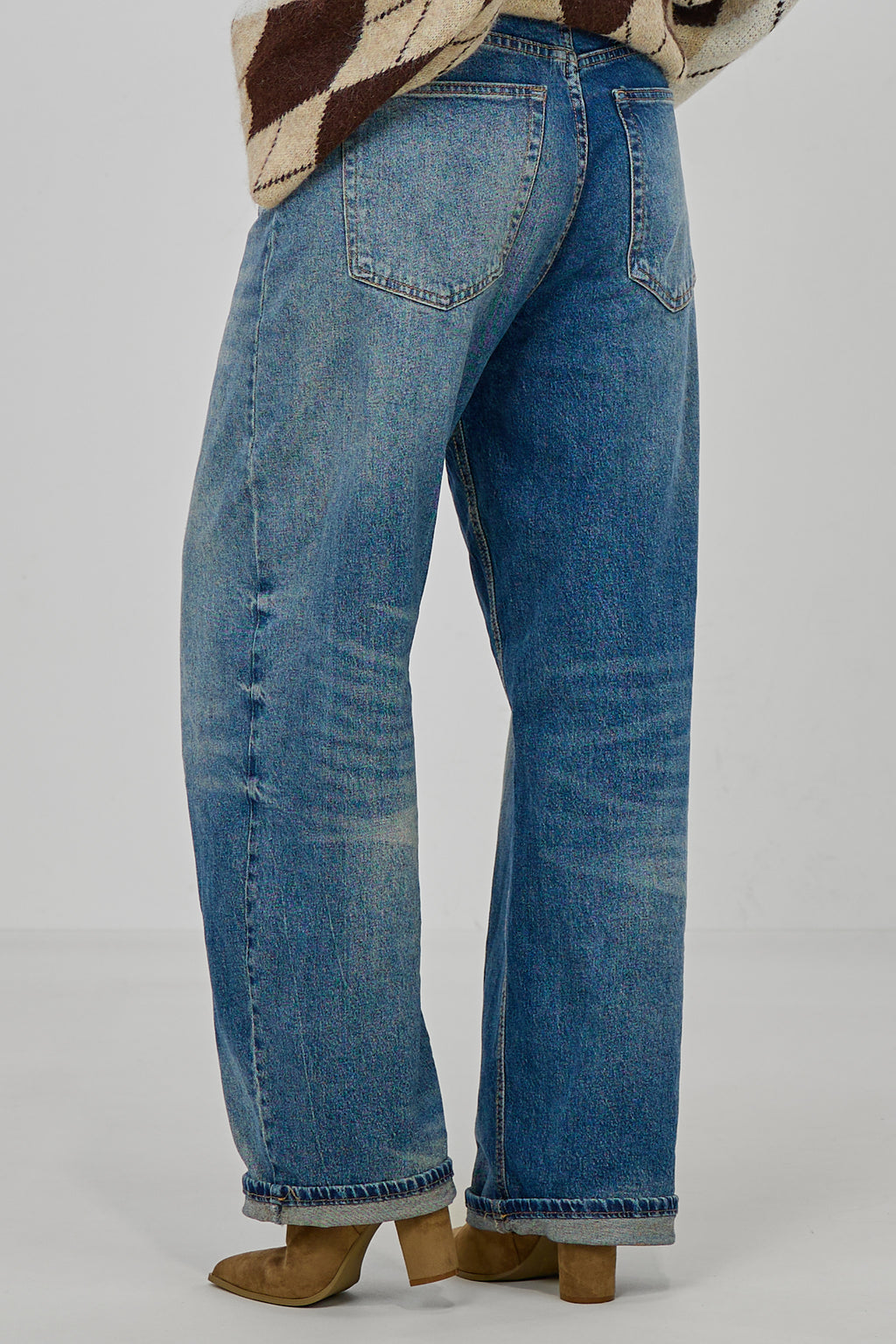 High-Waist-Jeans mit umgeschlagenem Bund, blue denim