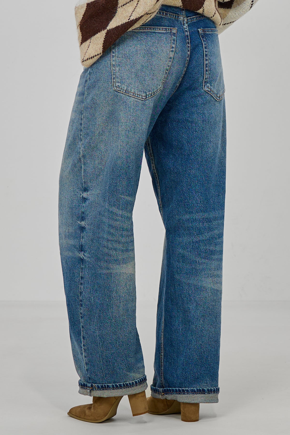 High-Waist-Jeans mit umgeschlagenem Bund, blue denim