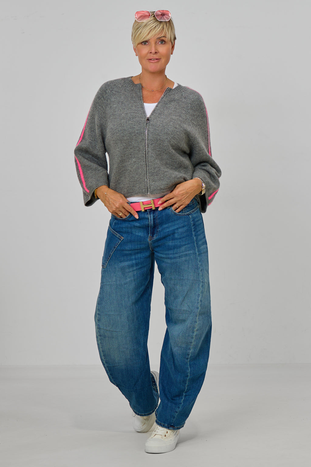 Zip-Cardigan mit Raglanärmeln aus Wollmischung, grau-pink