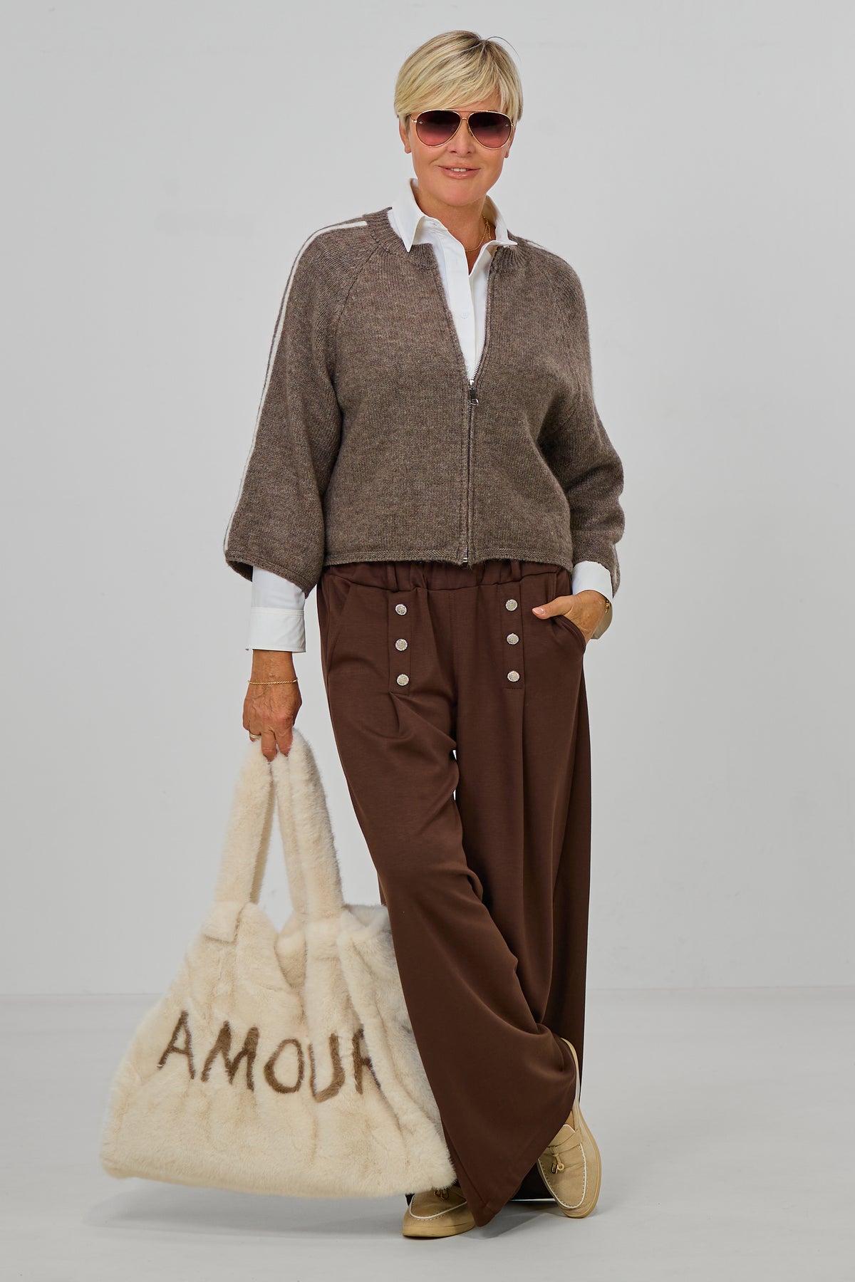 Zip-Cardigan mit Raglanärmeln aus Wollmischung, taupe-beige