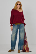 Strickpulli mit gerüschten Bündchen an den Ärmeln, bordeaux meliert