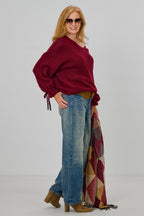 Strickpulli mit gerüschten Bündchen an den Ärmeln, bordeaux meliert
