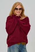 Strickpulli mit gerüschten Bündchen an den Ärmeln, bordeaux meliert