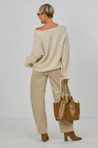 Strickpulli mit gerüschten Bündchen an den Ärmeln, creme meliert