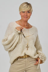 Strickpulli mit gerüschten Bündchen an den Ärmeln, creme meliert