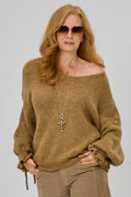 Strickpulli mit gerüschten Bündchen an den Ärmeln, camel