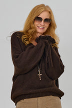 Strickpulli mit gerüschten Bündchen an den Ärmeln, schokobraun