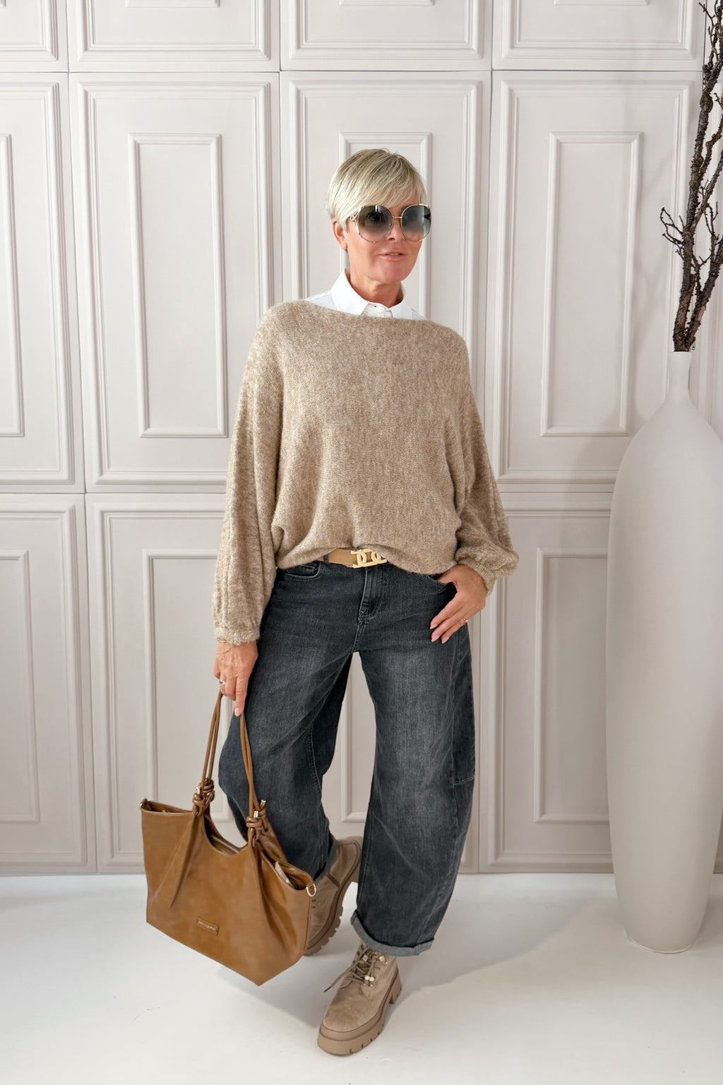 Strickpulli mit Fledermausärmeln, camel meliert