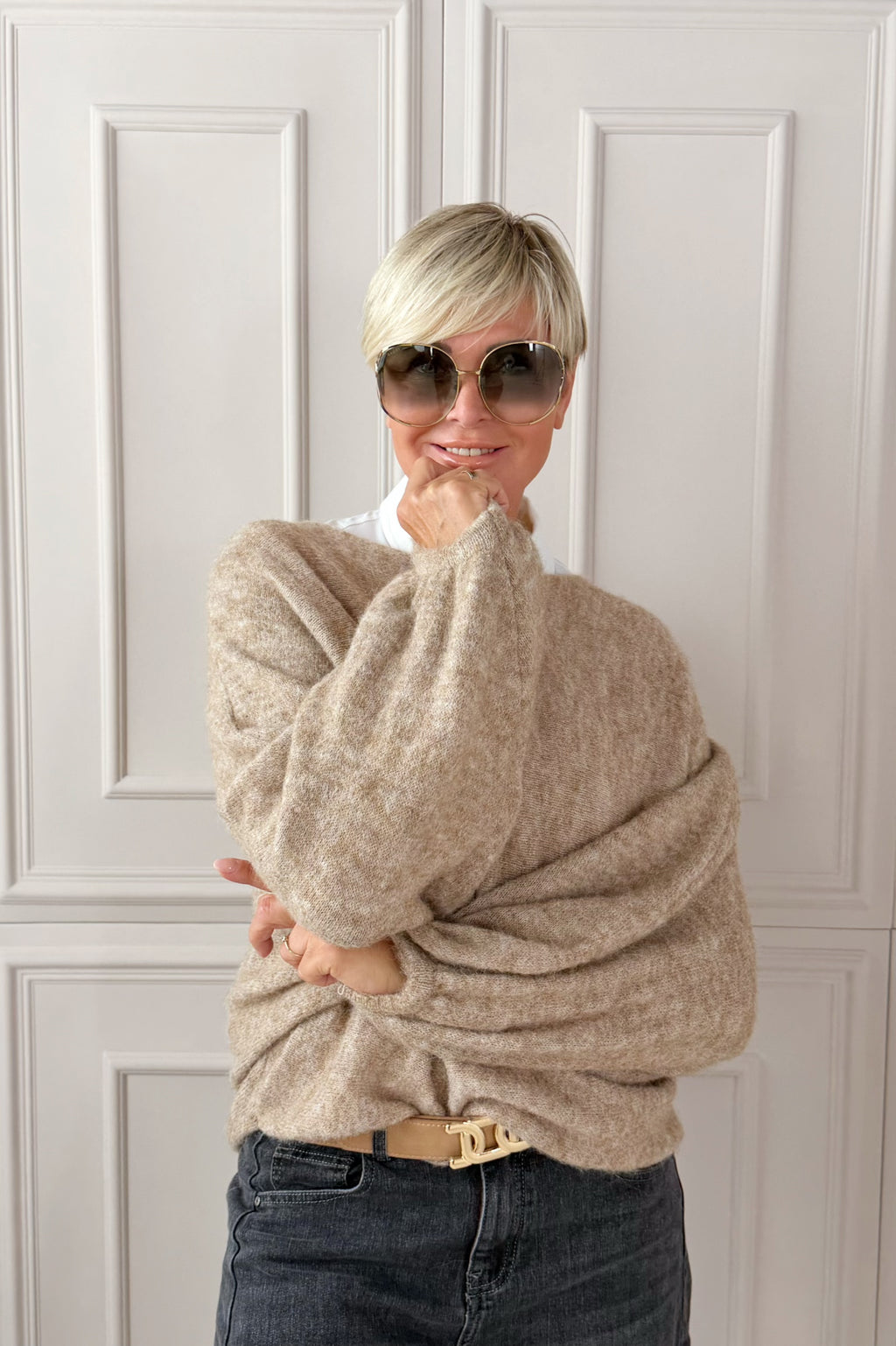 Strickpulli mit Fledermausärmeln, camel meliert