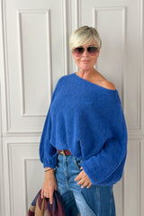 Strickpulli mit Fledermausärmeln, blau-schwarz meliert