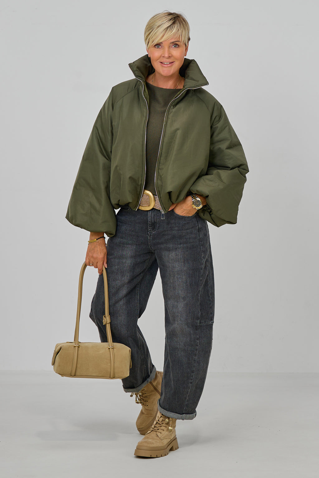Balloon-Jacke mit Stehkragen, khaki