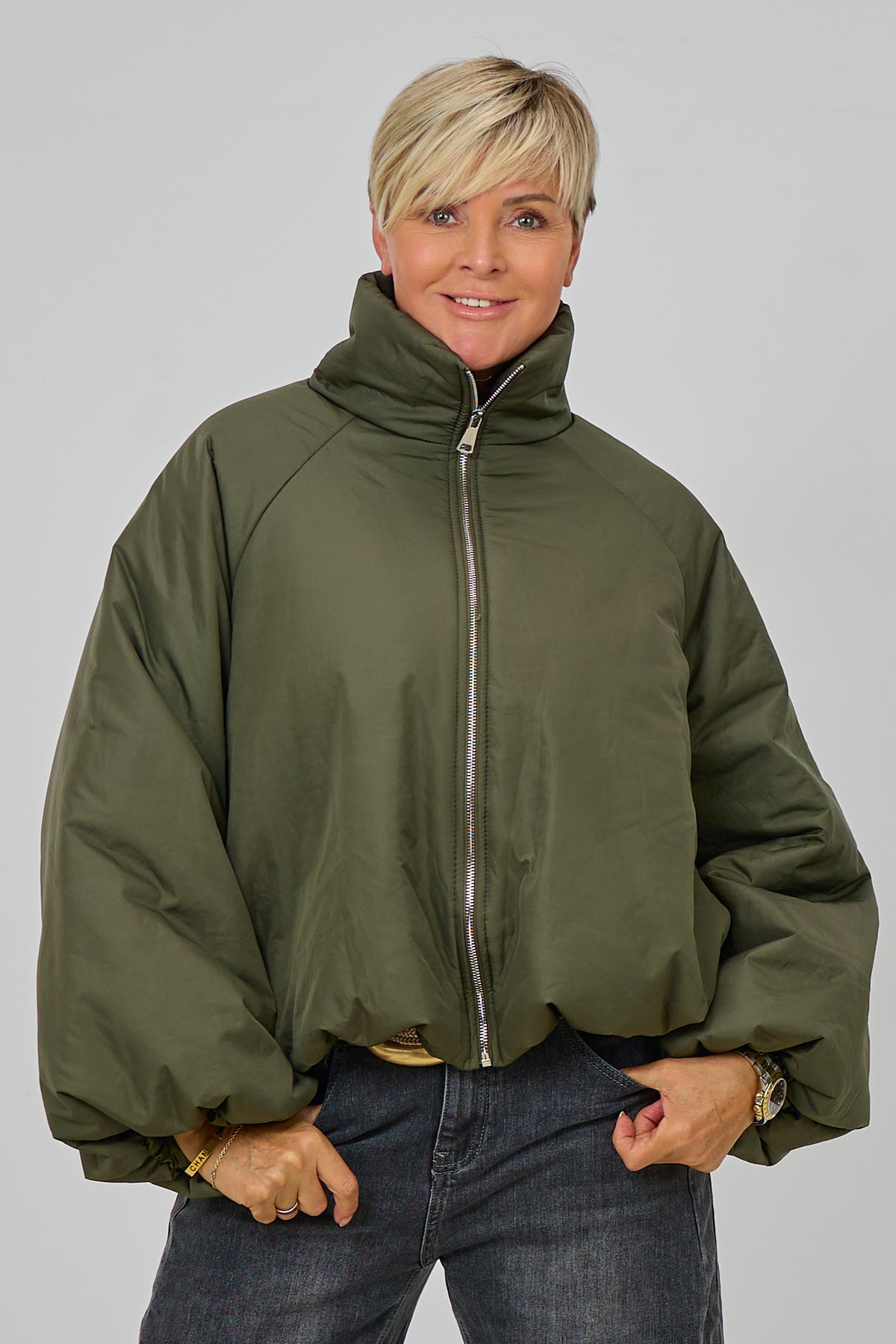 Balloon-Jacke mit Stehkragen, khaki